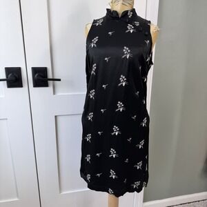 Vintage Satin Mini Dress Sz 6* Black Floral Embroider Button Asian Streetwear